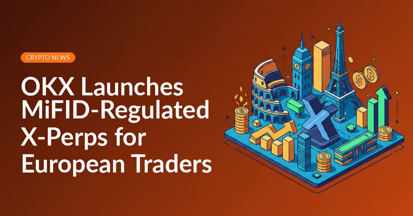 OKX logo beside a digital European map with financial charts and MiFID compliance icons overlaid.