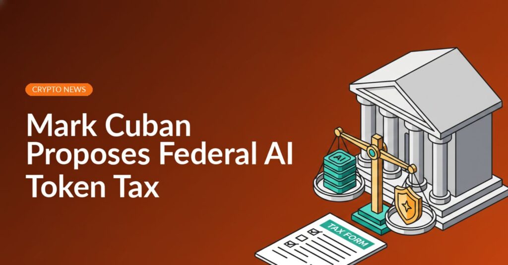 Government building with columns, balanced scale holding digital tokens and shield, tax document sheet beside it.