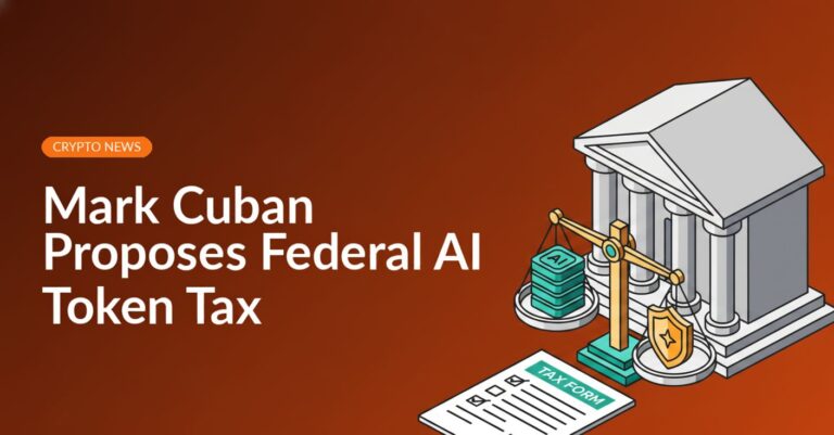 Government building with columns, balanced scale holding digital tokens and shield, tax document sheet beside it.