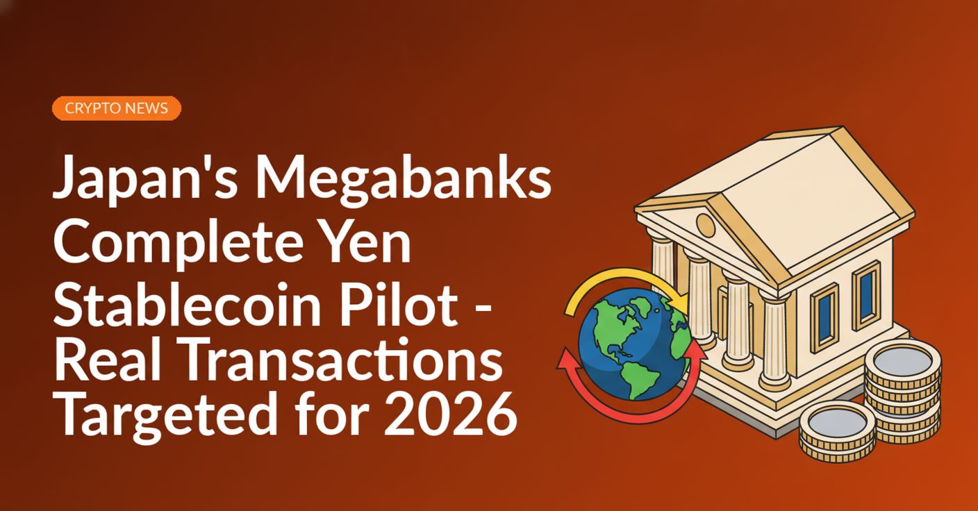 A classic bank building, a globe encircled by connecting arrows, and a stack of blank metallic coins.